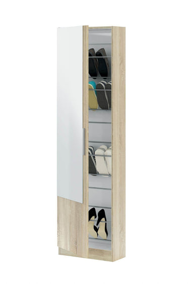 Giovanni Oak Effect Tall Shoe Cabinet with Mirrored Door, 14-16 Pair Capacity - UK Luxury Furniture